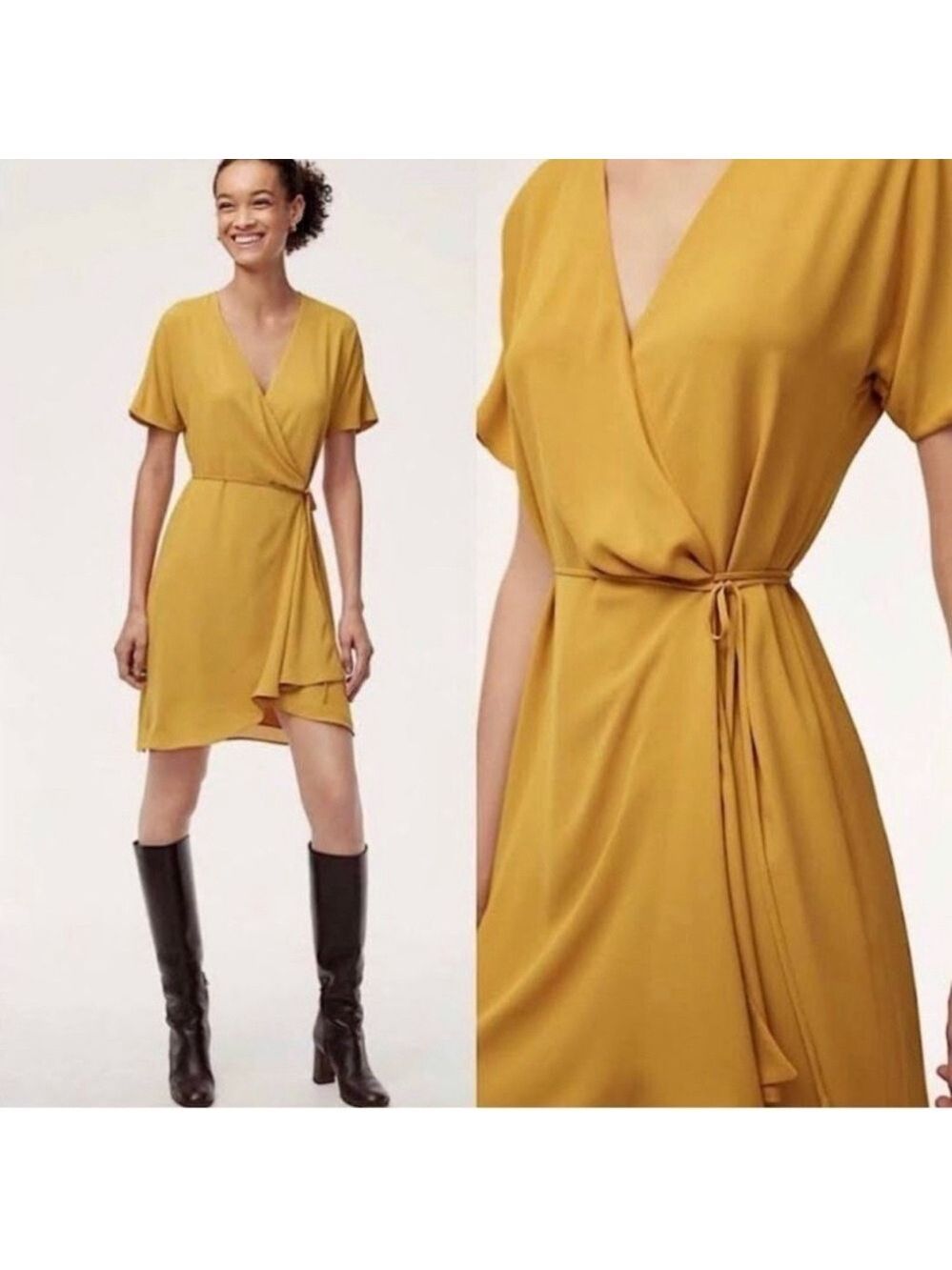 Aritzia Babaton Wallace Short Sleeve Wrap Dress Mustard Yellow S NWOT